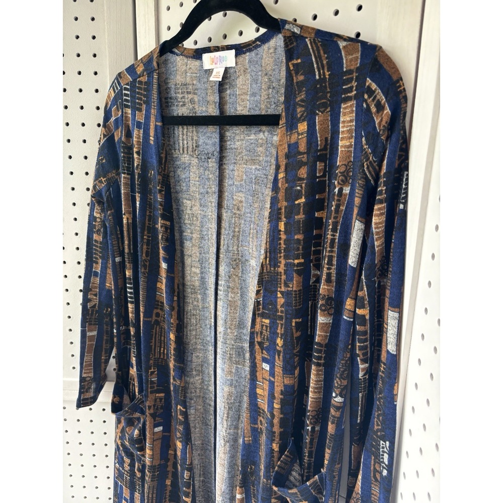 NWT Lularoe Sarah Duster Cardigan XS Blue Brown Geometric Print - Picture 2 of 7